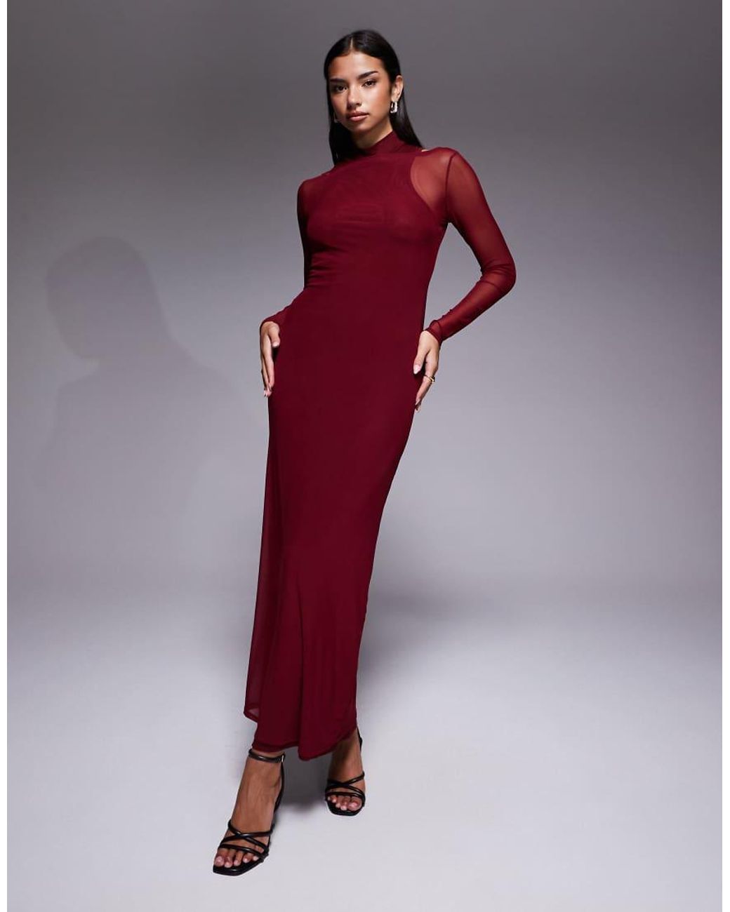 ASOS Red Mesh High Neck Double Layer Maxi Dress