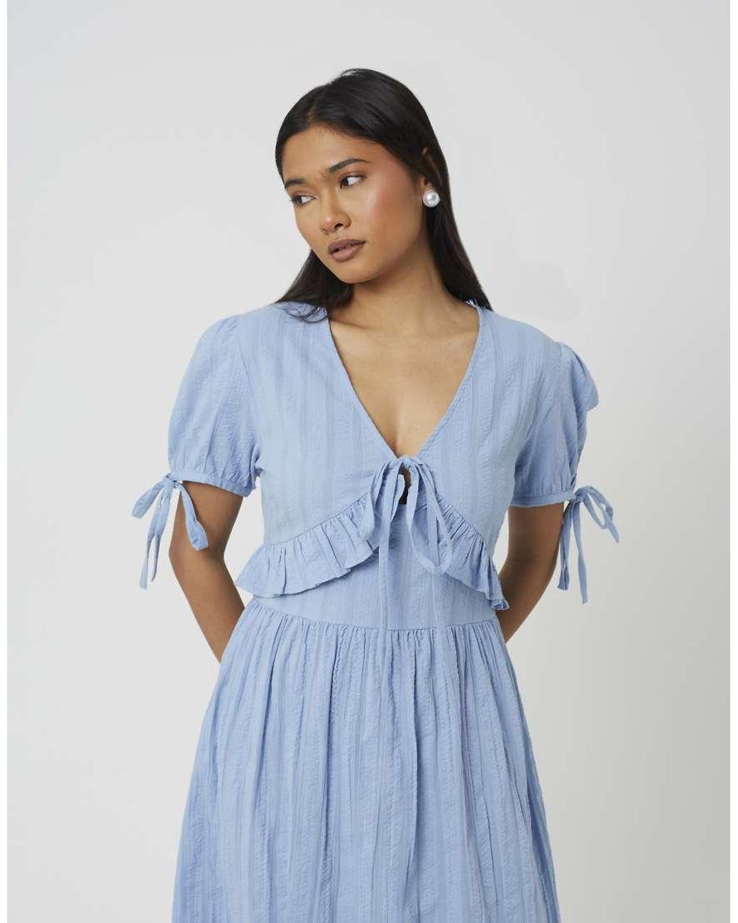 Brave Soul Blue Puff Sleeve Maxi Dress With Tie And Ruffle Details