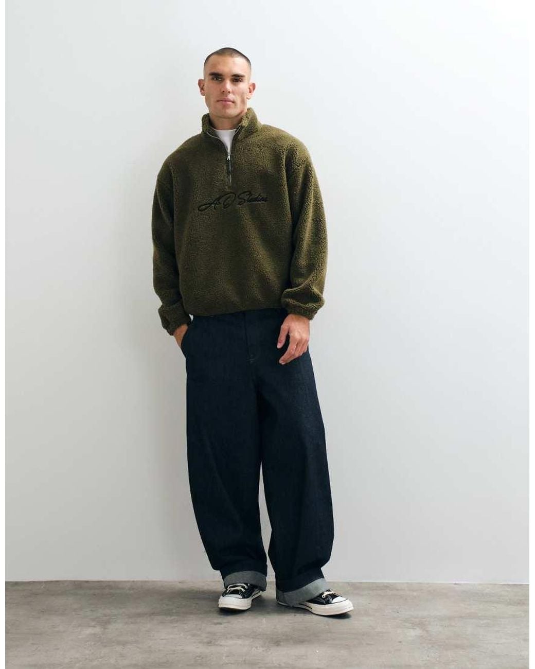 ASOS Green Oversized Quarter Zip Borg Sweatshirt With Embroidery for men