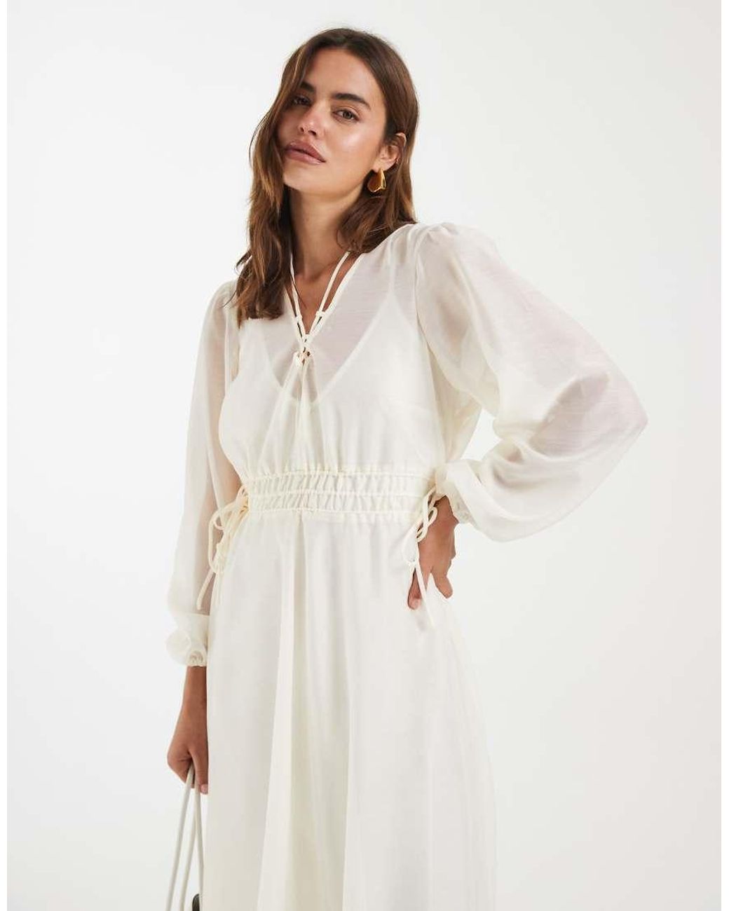 4th & Reckless White Chiffon Tie Front Balloon Sleeve Asymmetric Floaty Hem Midaxi Dress