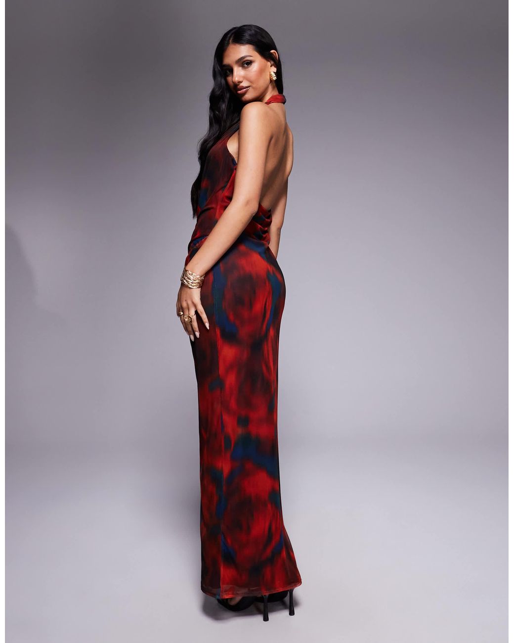 ASOS Red Mesh Plunge Halter Midi Dress With Wrap Skirt