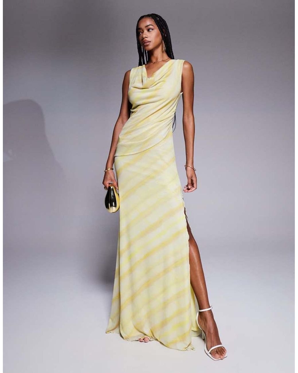 ASOS Metallic Deep Cowl Neck Mesh Maxi Dress With Twisted Strap