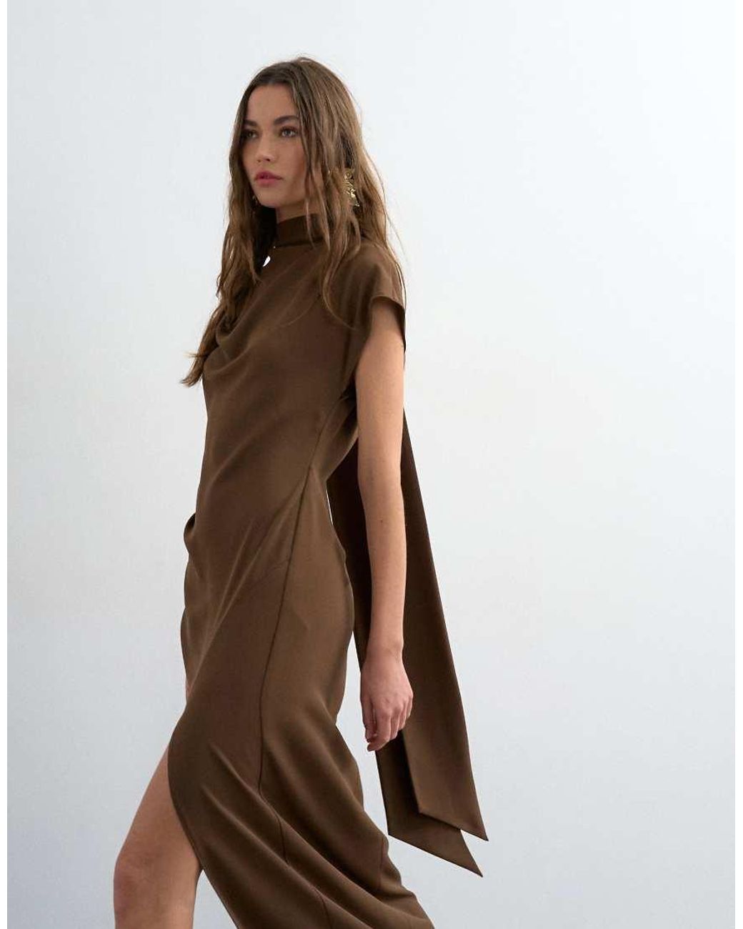 TOPSHOP Brown Heavy Crepe Maxi Dress With Scarf Detail