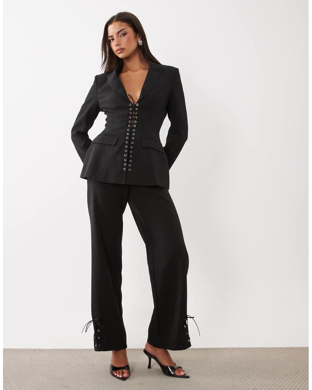 Kaiia Black Exclusive Eyelet Detail Lace Up Cinched Waist Blazer Co-Ord