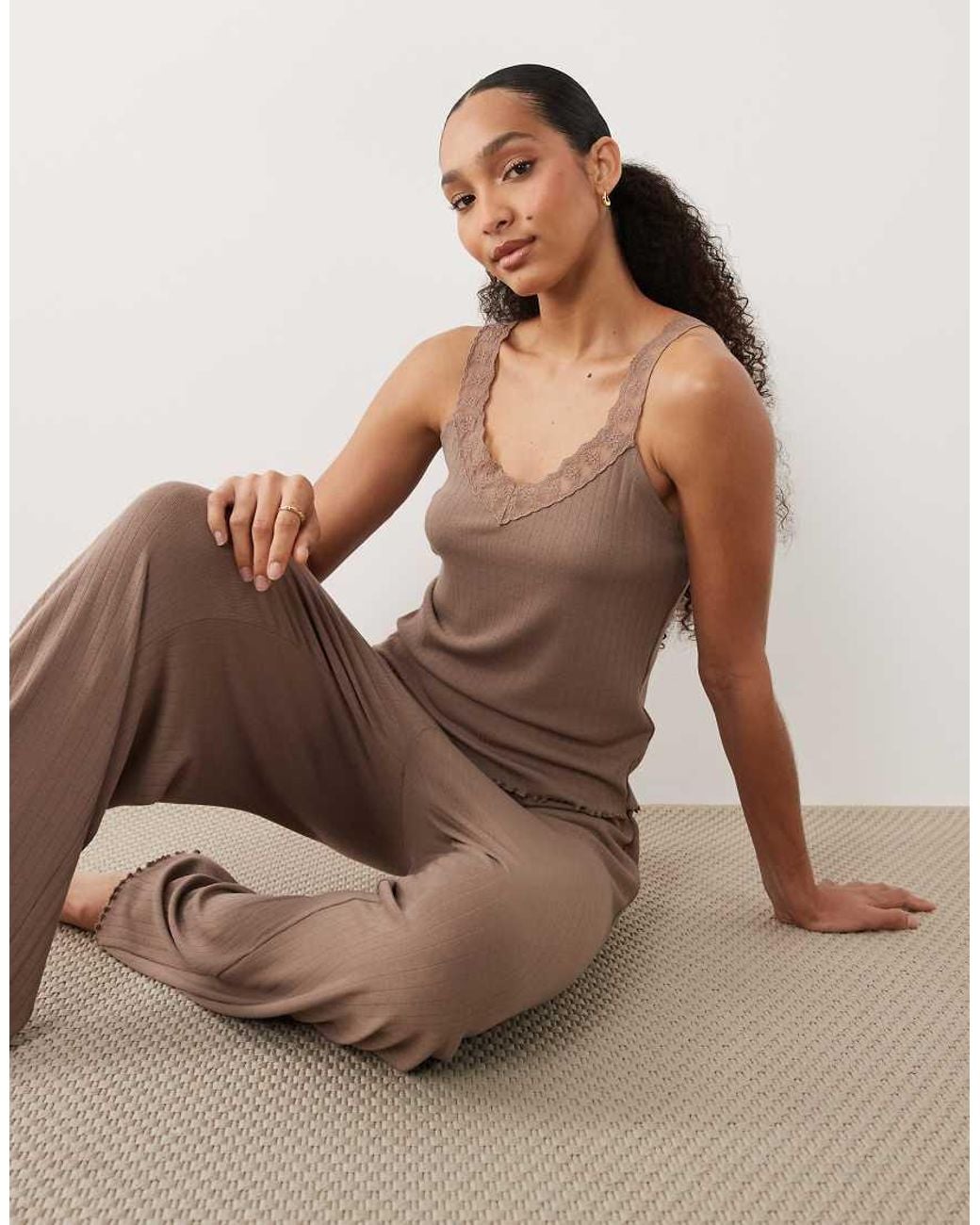 Threadbare Brown Lettuce Hem Pointelle Vest And Trouser Pyjama Set