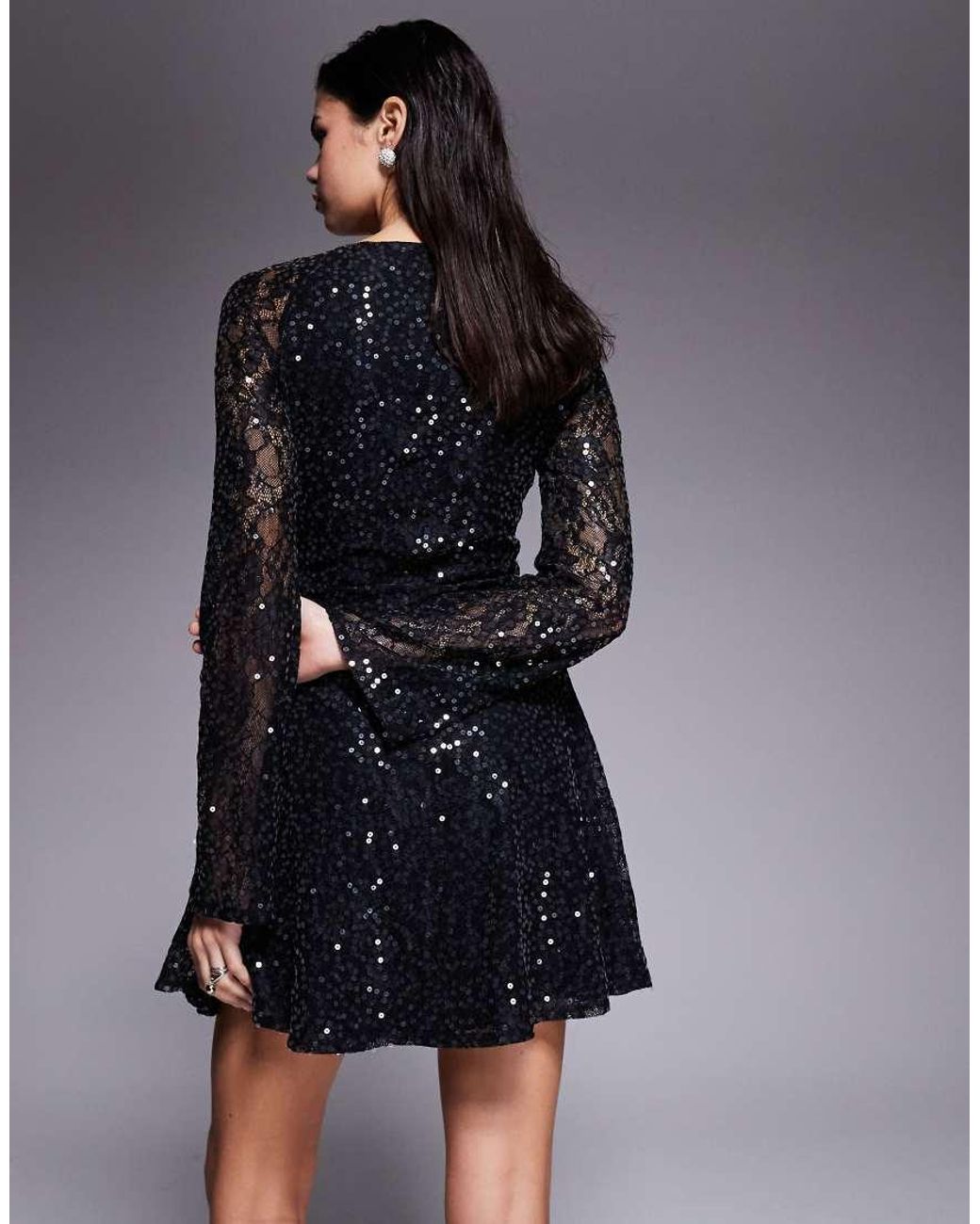 ASOS Black Sequin Square Neck Mini Dress With Fluted Sleeves
