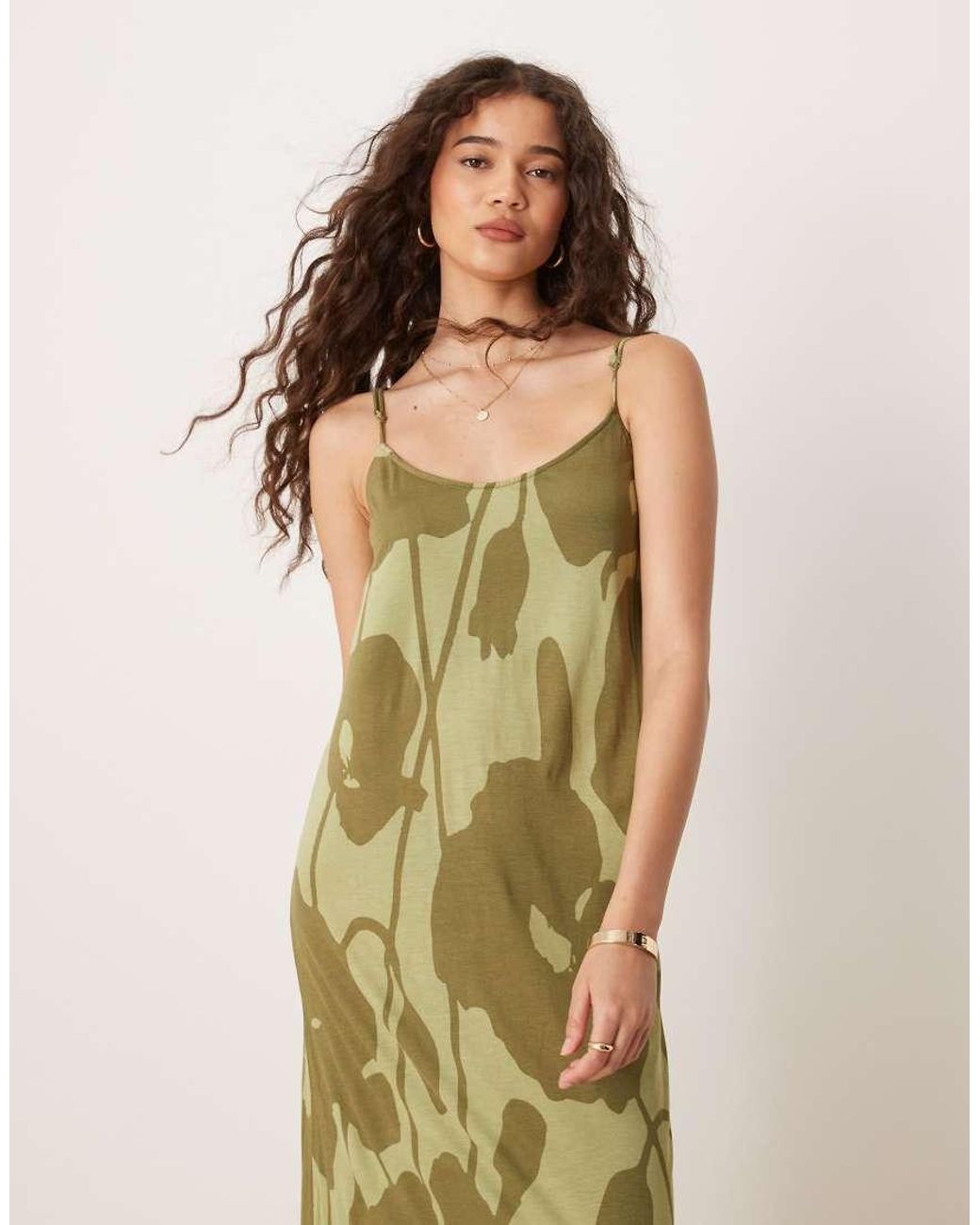 Vila Jersey Midi-Jurk Met Camibandjes En Bloemenprint in het Natural