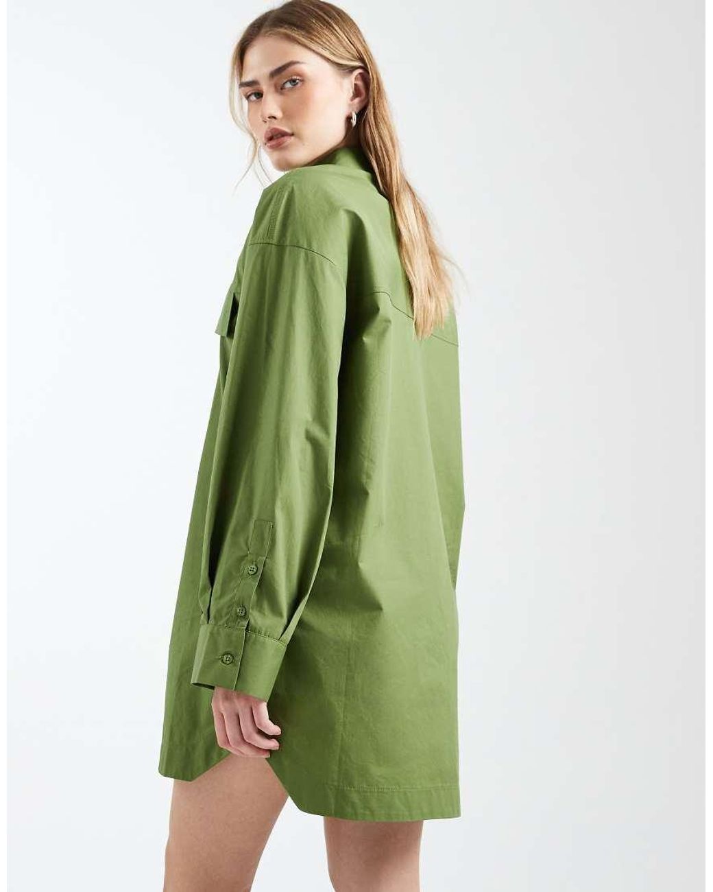ASOS Green Long Sleeve Mini Shirt Dress With Front Pockets