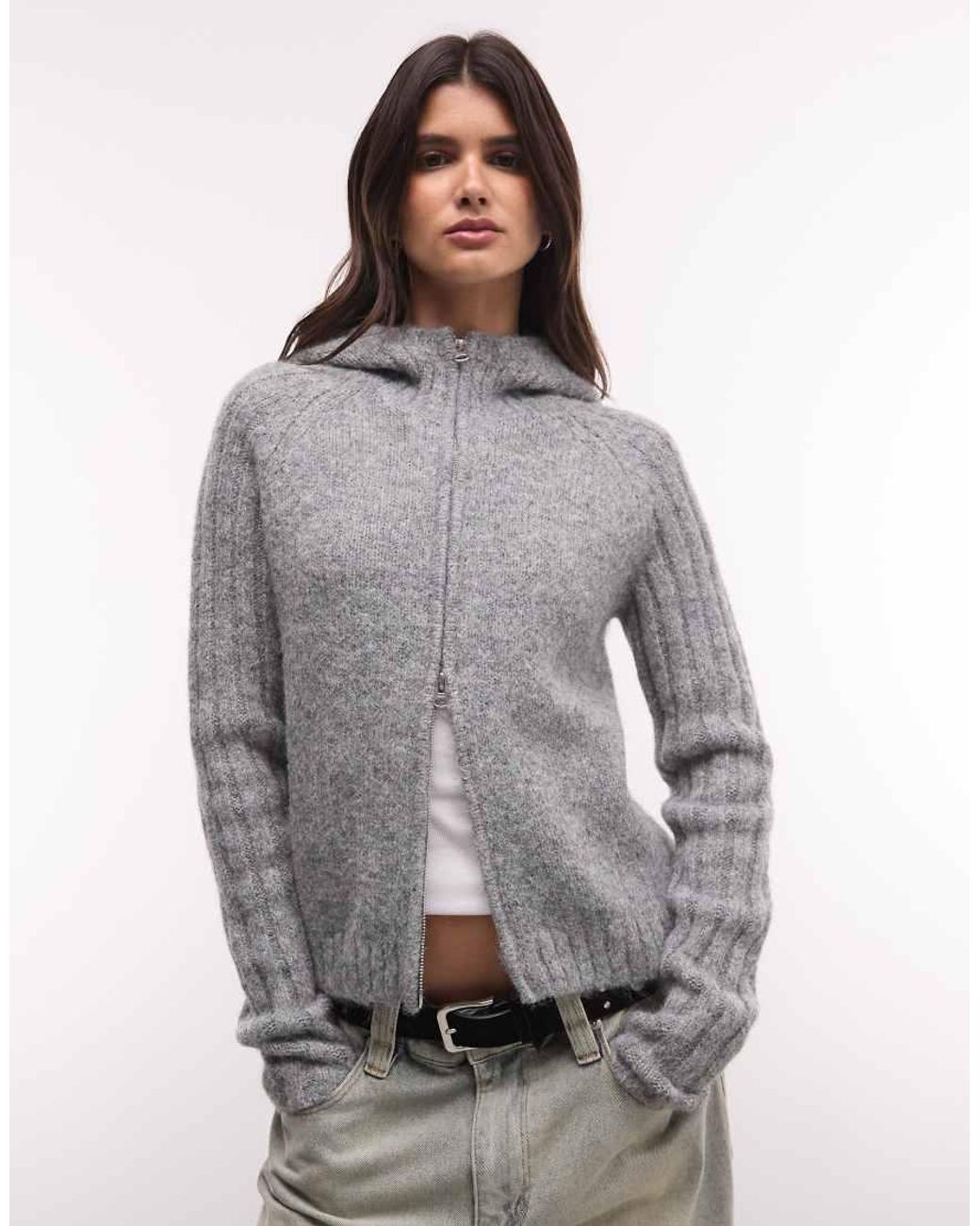 Weekday Gray Wool Blend Zip Cardigan With Hood