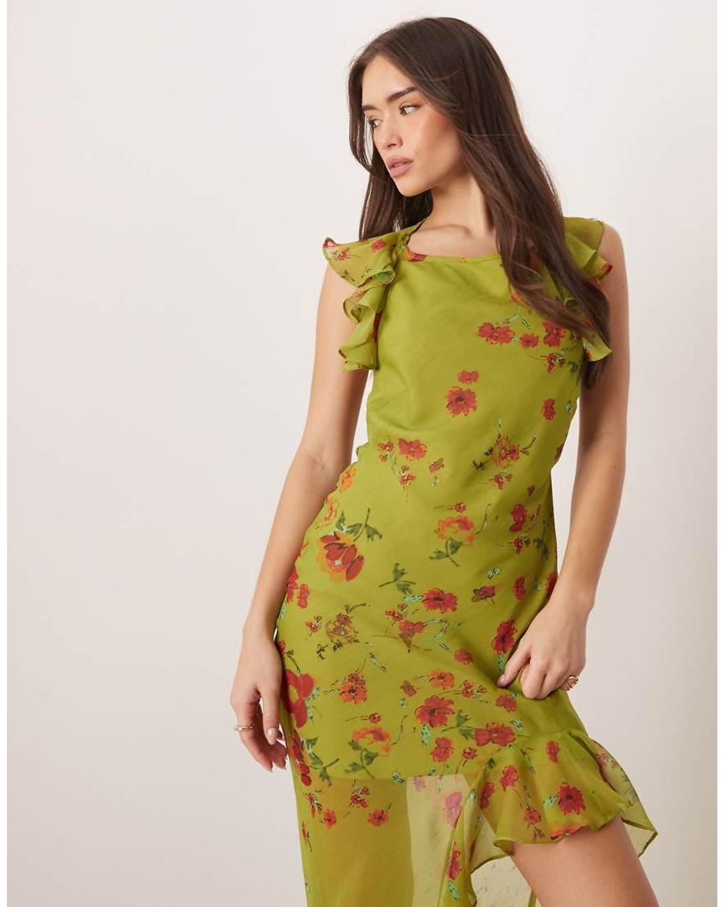 ASOS Green Frill Sleeve Cowl Asymmetric Hem Maxi Dress
