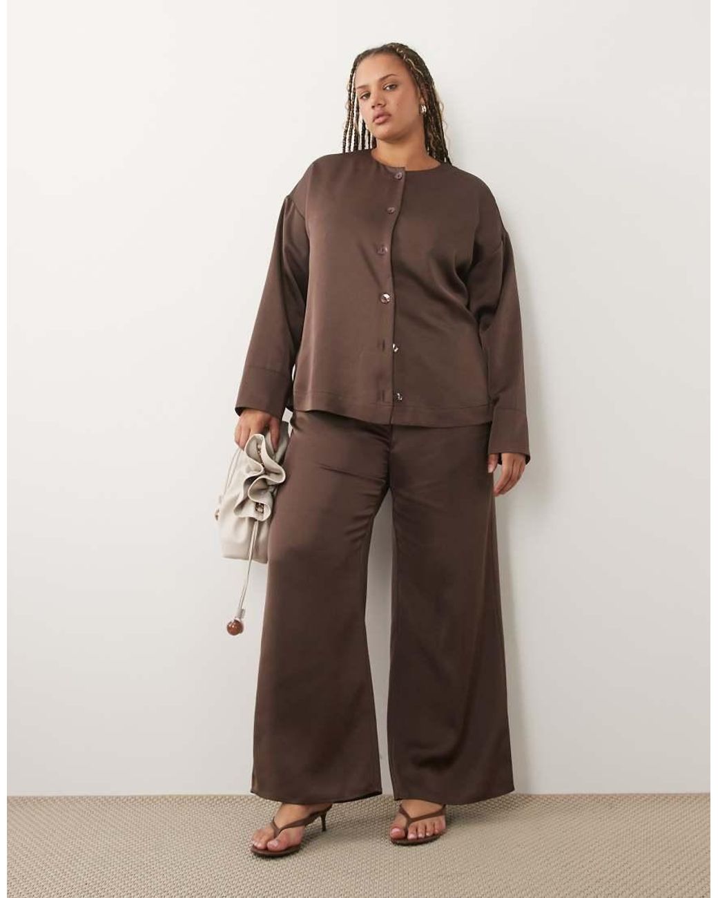 Pretty Lavish Curve Brown Breya Satin Button Through Deep Cuff Blouse Co-Ord
