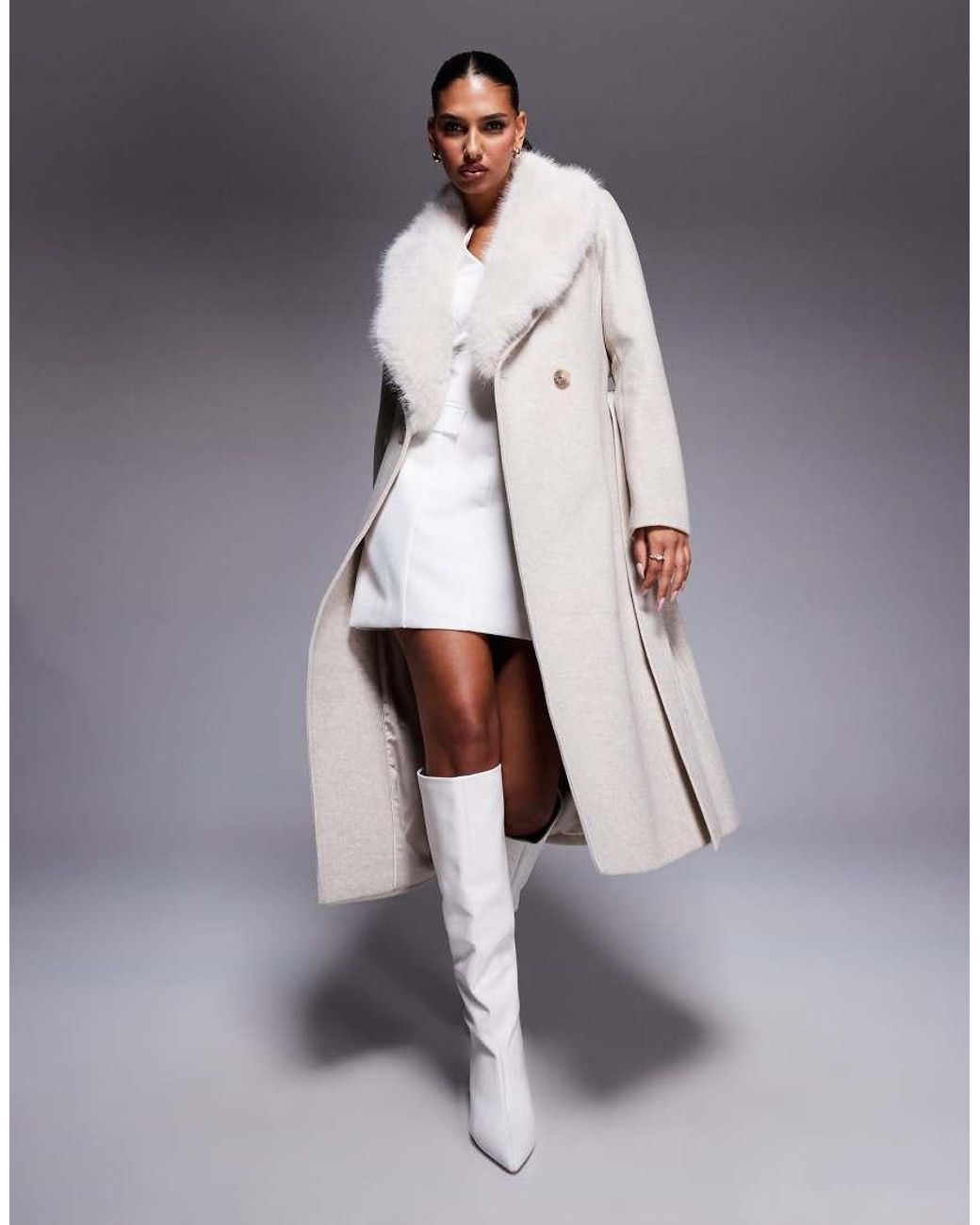 Forever New Natural Formal Belted Longline Detachable Faux Fur Shawl Collar Coat