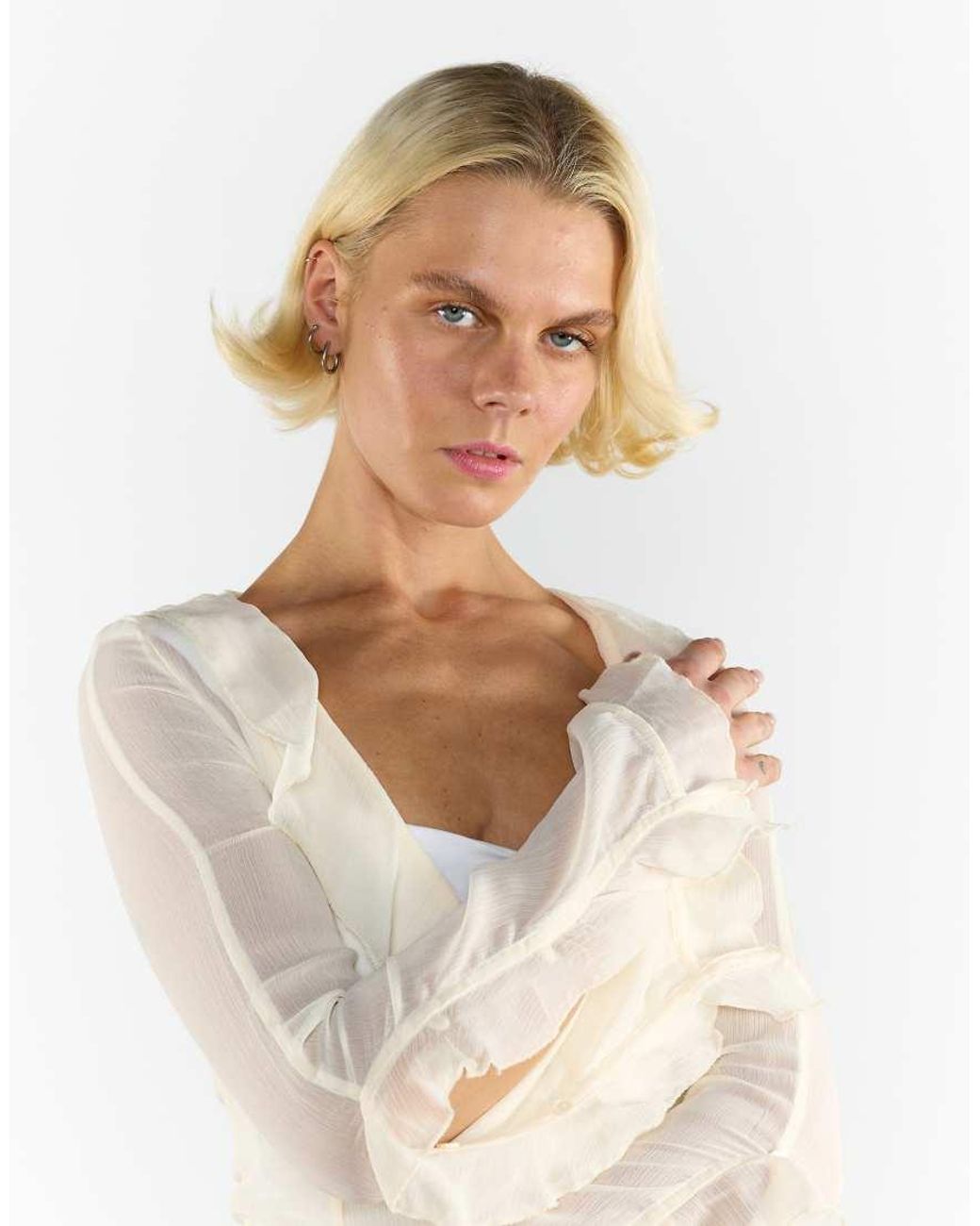 Glamorous White V-Neck Sheer Frill Blouse