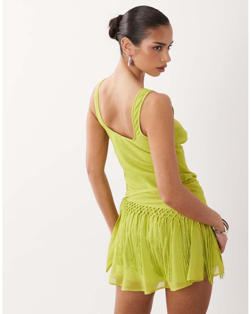 ASOS Green Chiffon Draped Fringe Detail Mini Dress