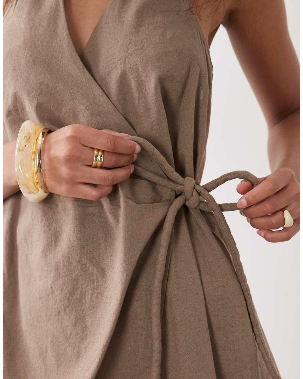 ASOS Brown Cotton Linen Halter Neck Wrap Mini Sundress