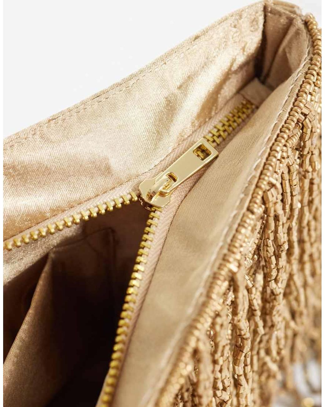 ASOS Brown Embellished Beaded Fringe Zip Top Clutch