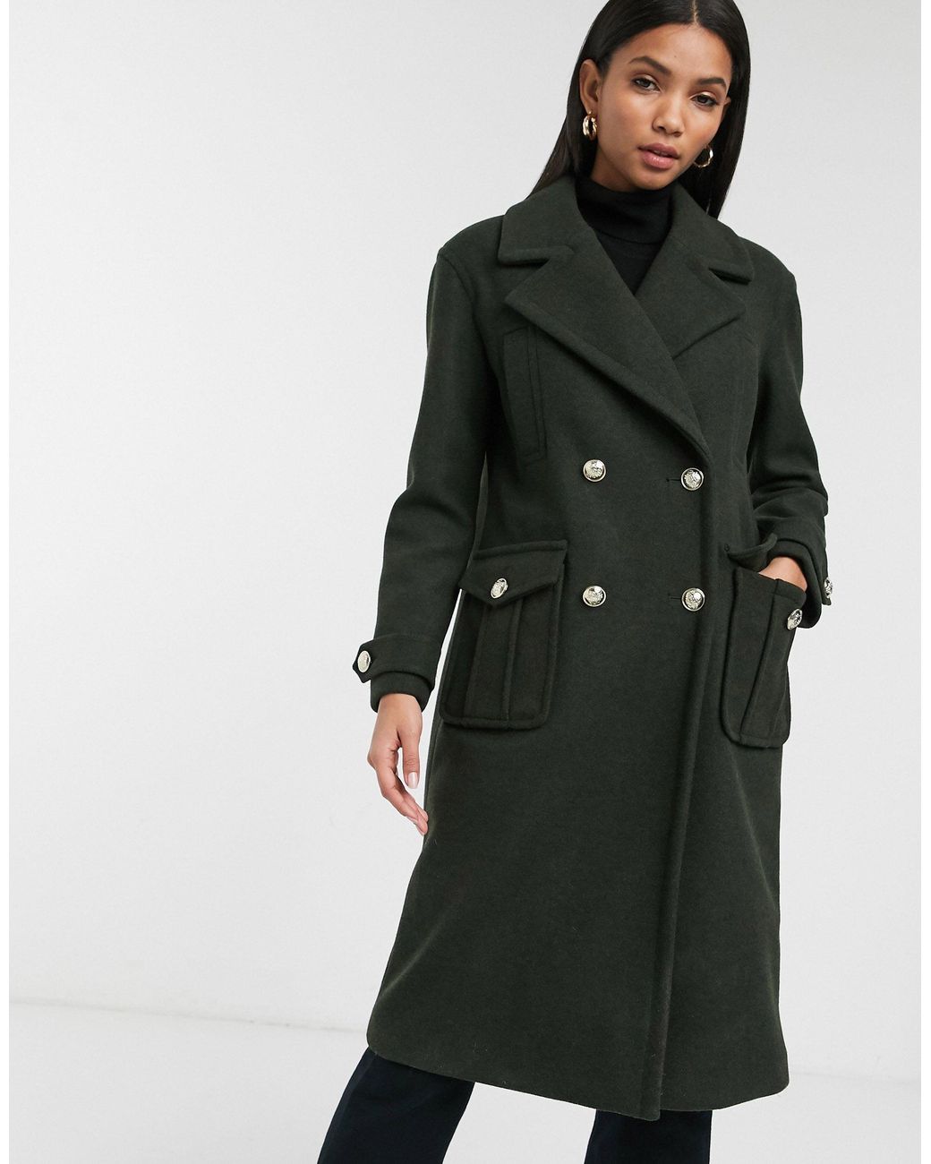 River Island Synthetic Double Breasted Military Style Coat in Green ...