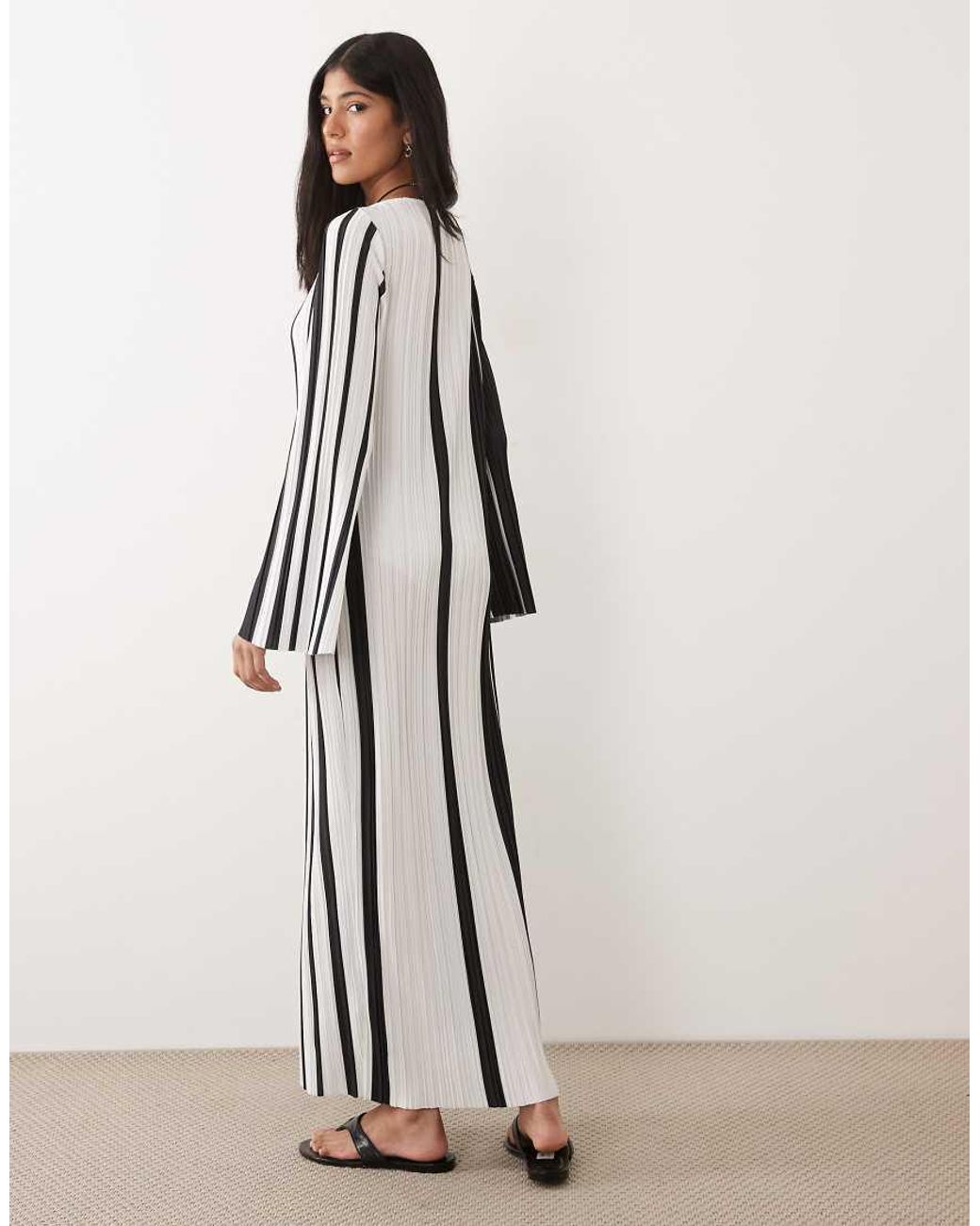 ASOS Natural Plisse Long Sleeve Midi Dress