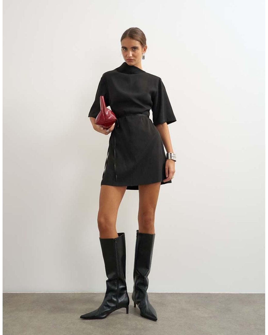 TOPSHOP Black Heavy Crepe Asymmetric Neck Structured Shoulder Pad Mini Dress With Belt