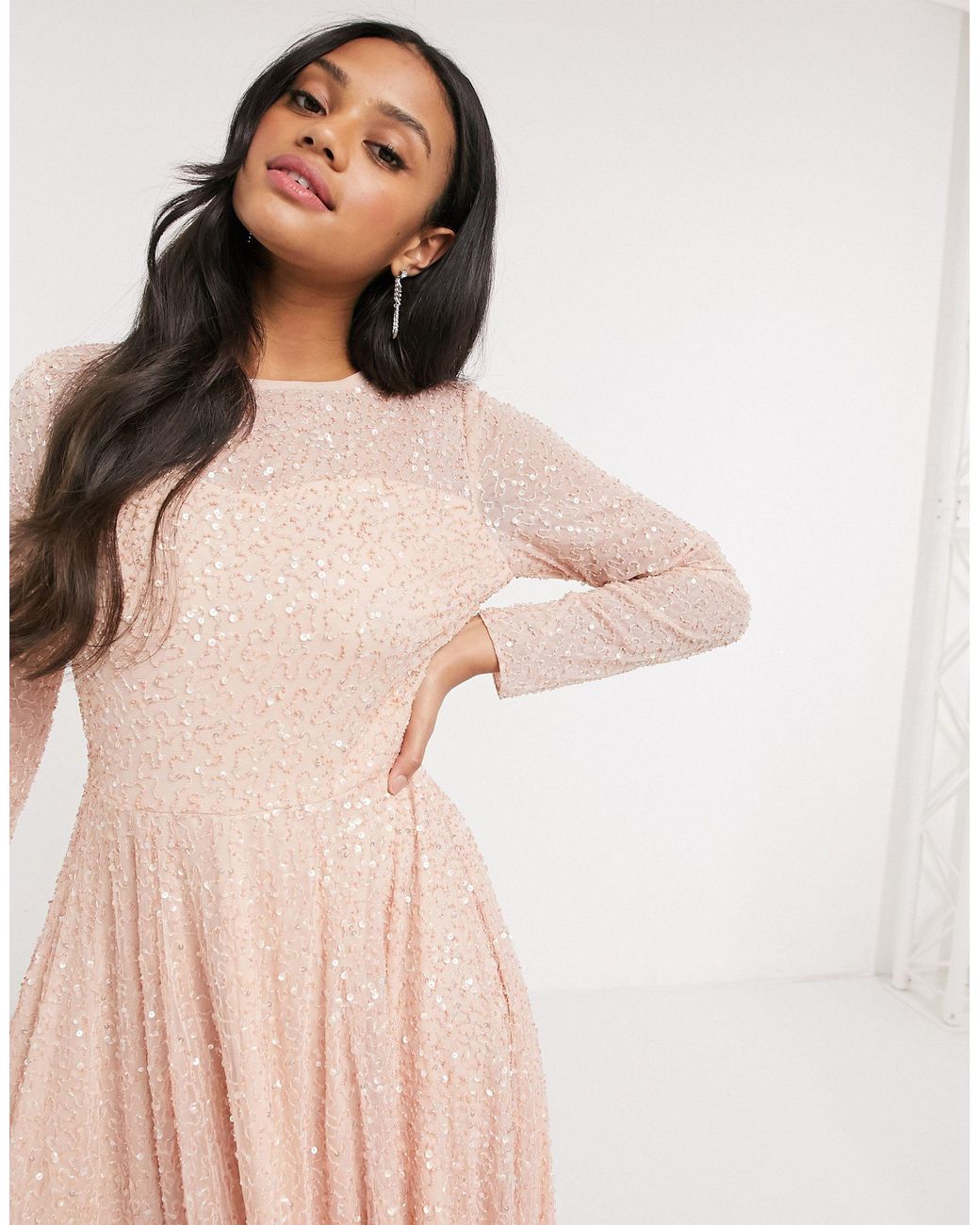 LACE & BEADS Lace Embellished Long-sleeved Gown in Pink | Lyst