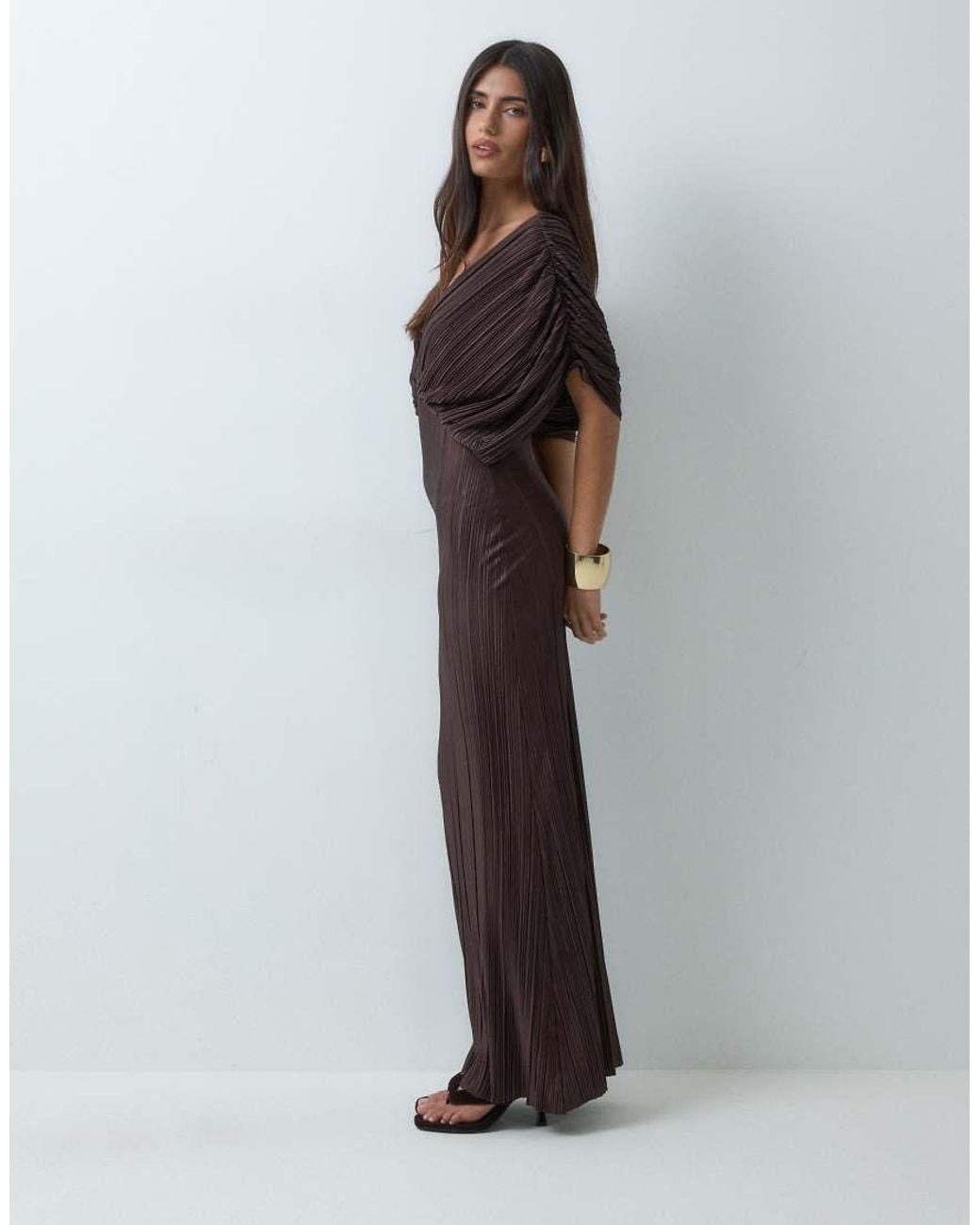 ASOS Brown Plunge Batwing Plisse Maxi Dress