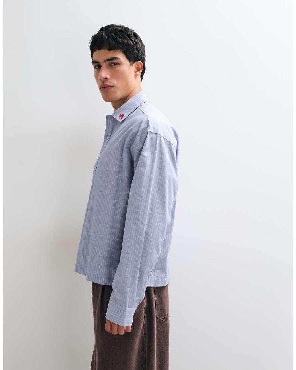 ASOS White Boxy Overhead Stripe Shirt With Collar Embroidery for men