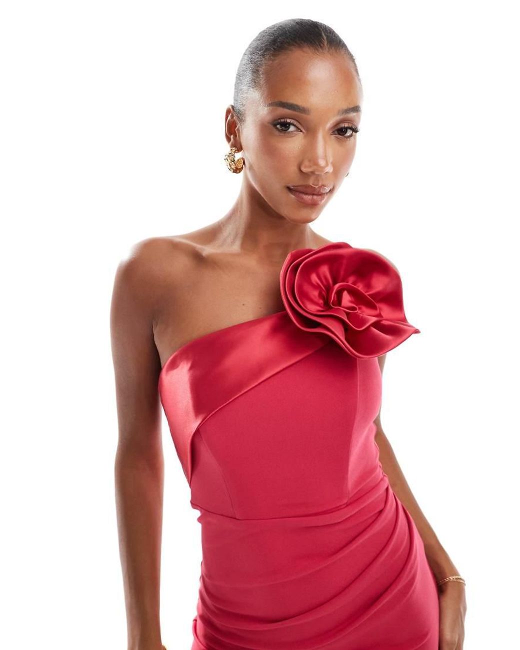 Goddiva Red Satin Corsage Crepe Maxi Dress