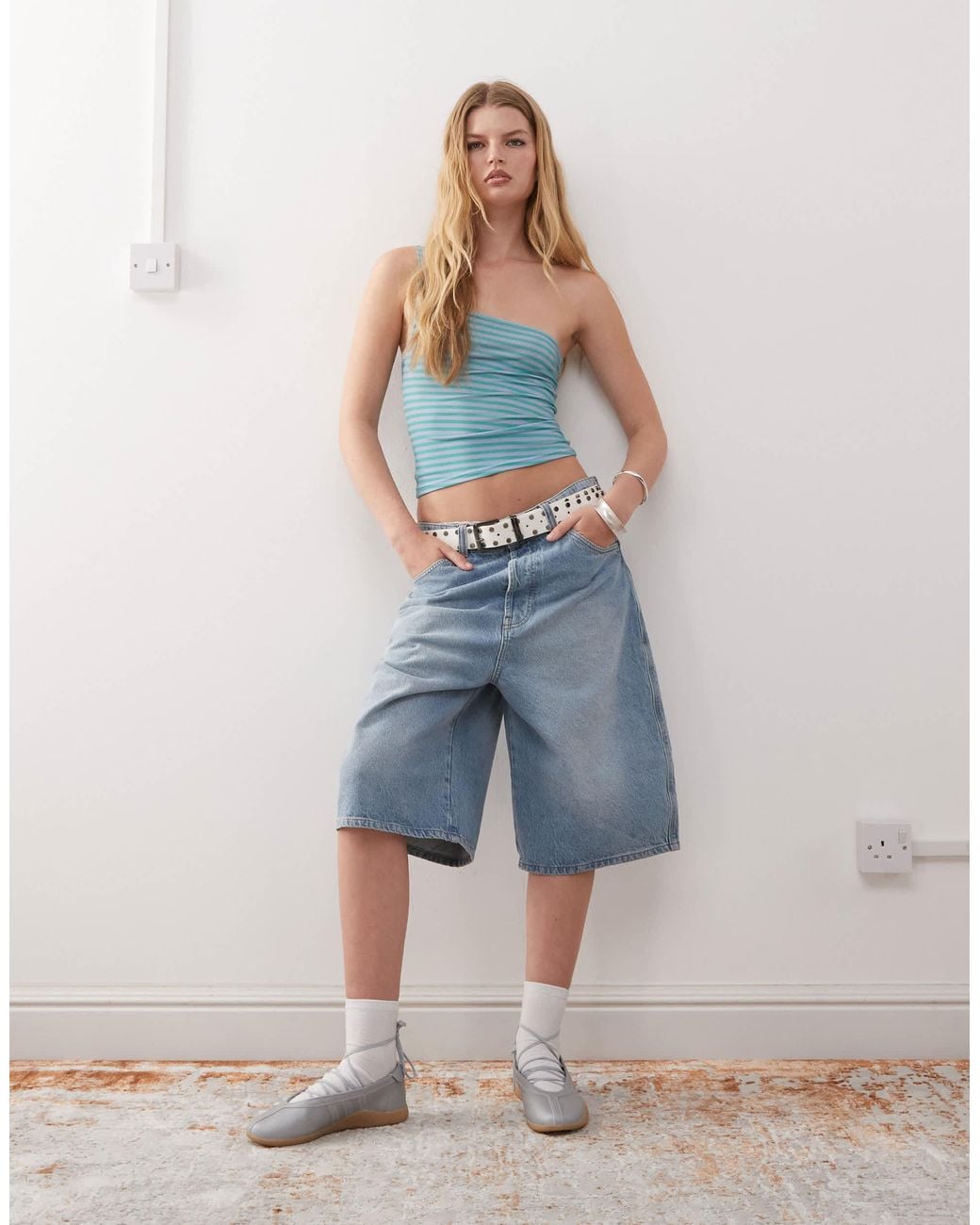 Collusion Blue One Shoulder Stripe Top
