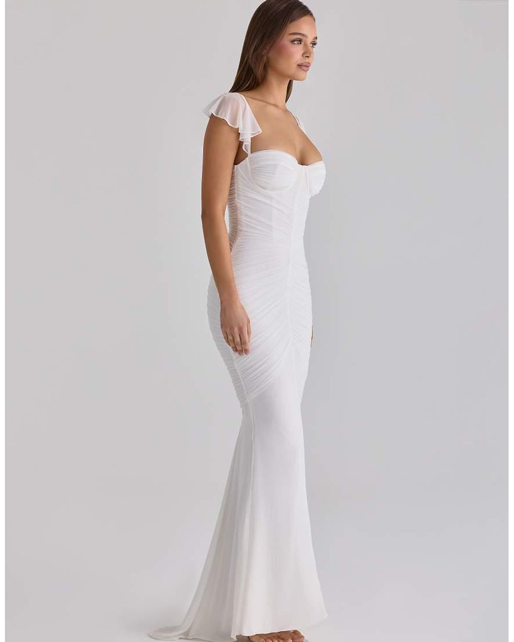 House Of Cb White Antonella Gathered Mesh Maxi Dress