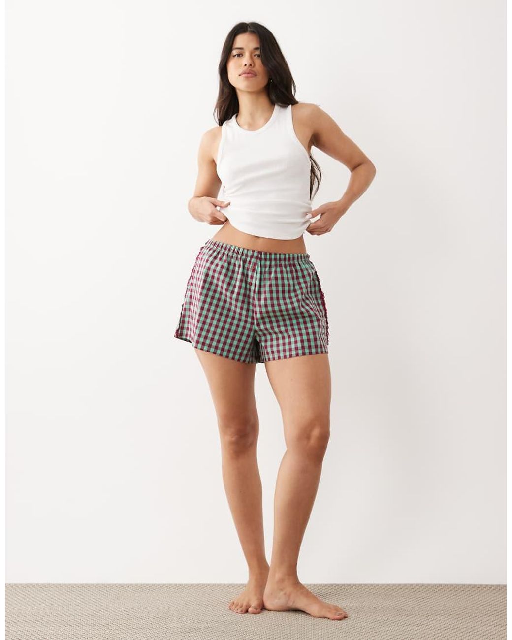 ASOS Multicolor Textured Gingham Pajama Boxer Shorts With Lace Trim