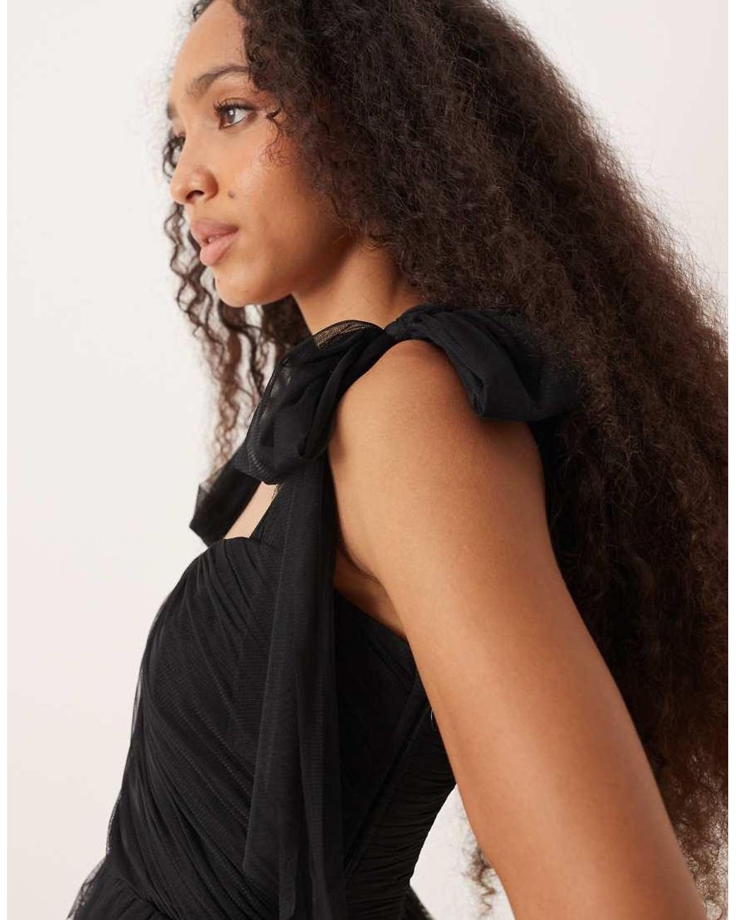 LACE & BEADS Black Bow Shoulder Tulle Ruffle Mini Dress
