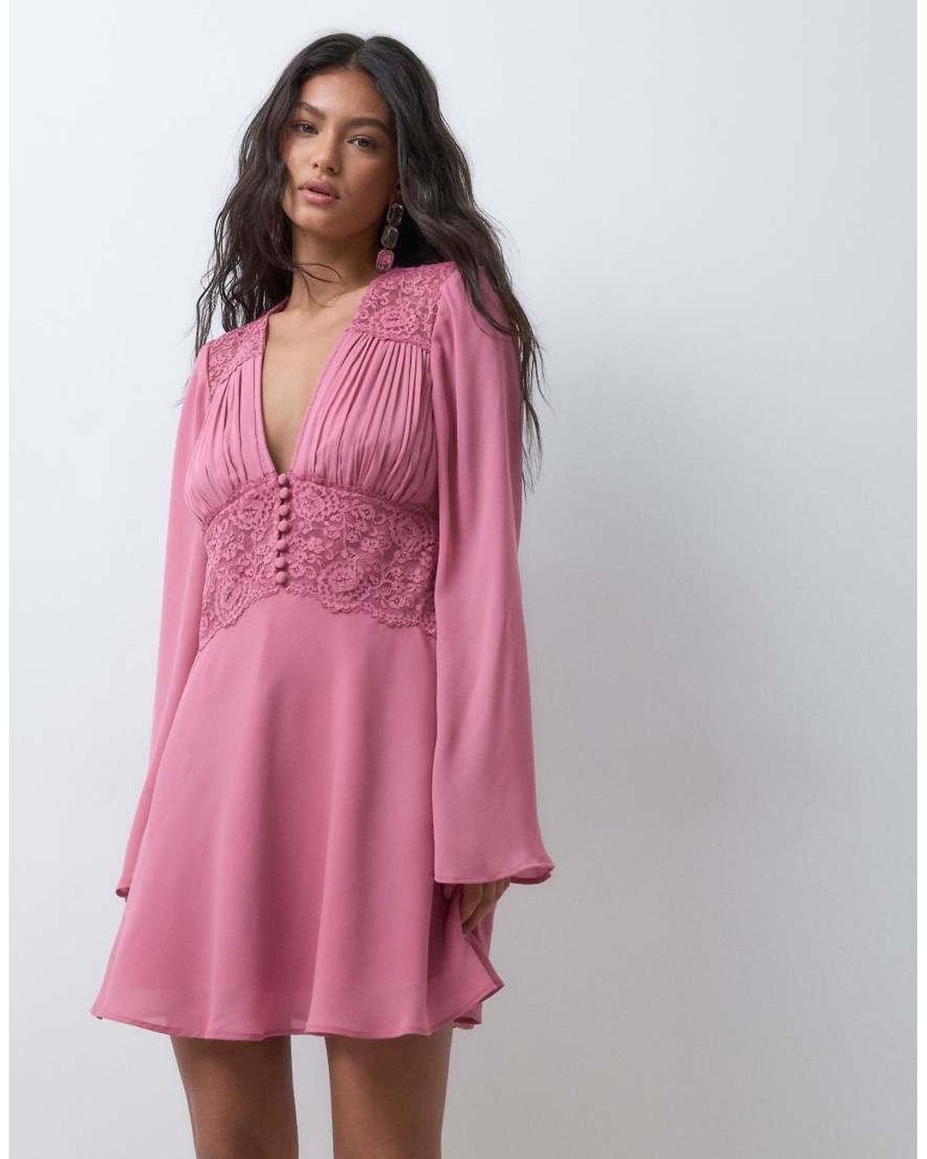 Abercrombie & Fitch Pink Long Sleeve V Neck Mini Dress With Lace Panel