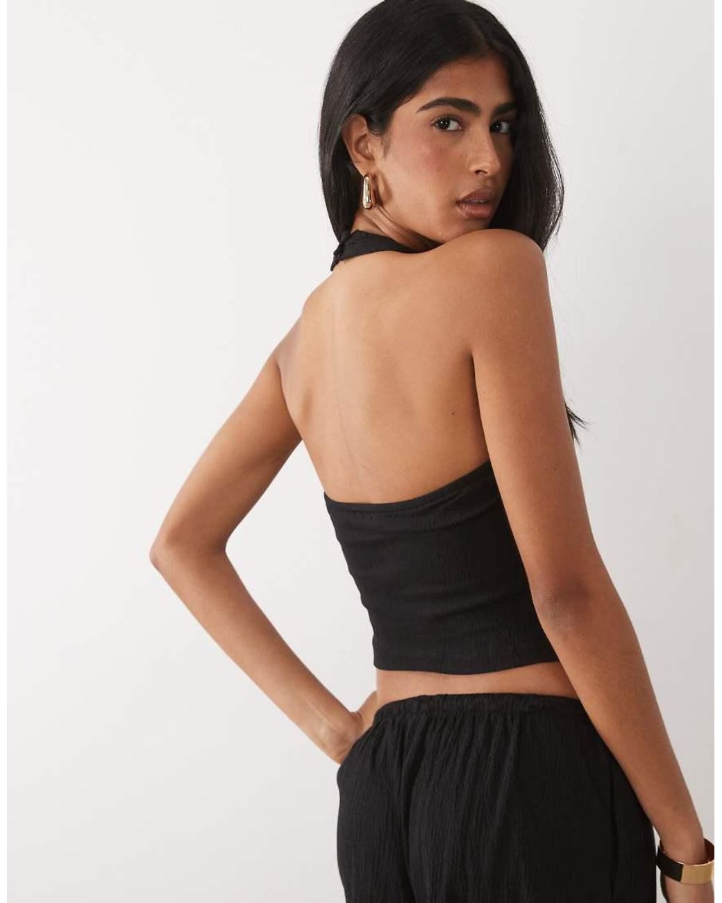 ASOS Black Mix & Match Cotton Crinkle Crossover Halter Neck Top