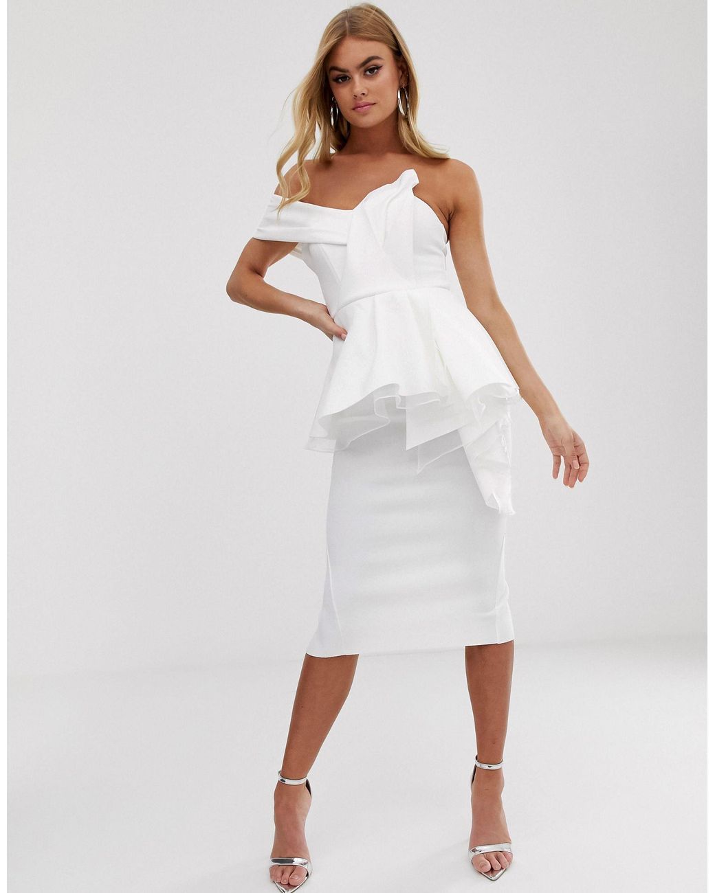 ASOS Organza Fold Detail Peplum Bandeau Midi Dress in White | Lyst
