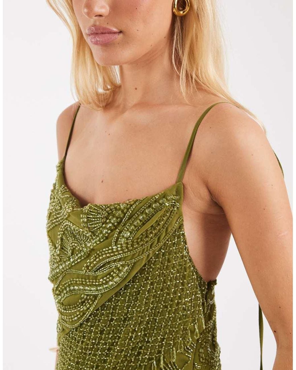 ASOS Green Embellished All Over Beaded Layered Asymmetric Maxi Dress