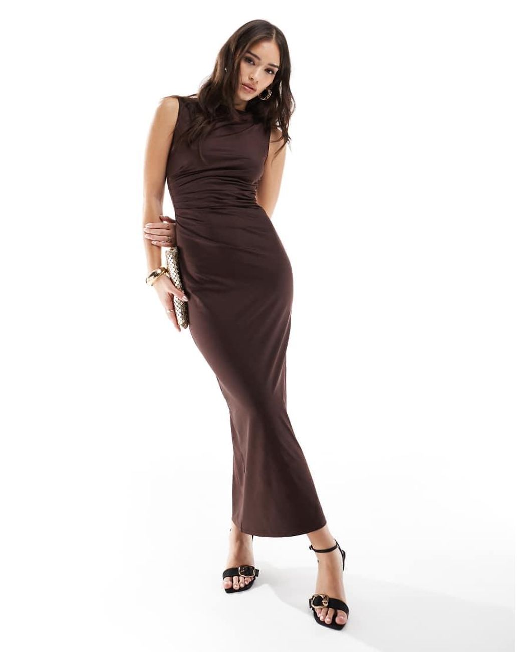 4th & Reckless Brown Sleeveless Ruched Slashneck Maxi Dress