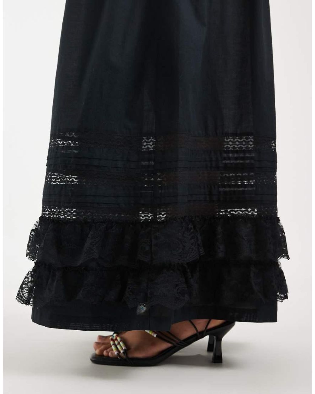 Object Black Premium Lace And Ruffle Trim Tiered Boho Maxi Dress
