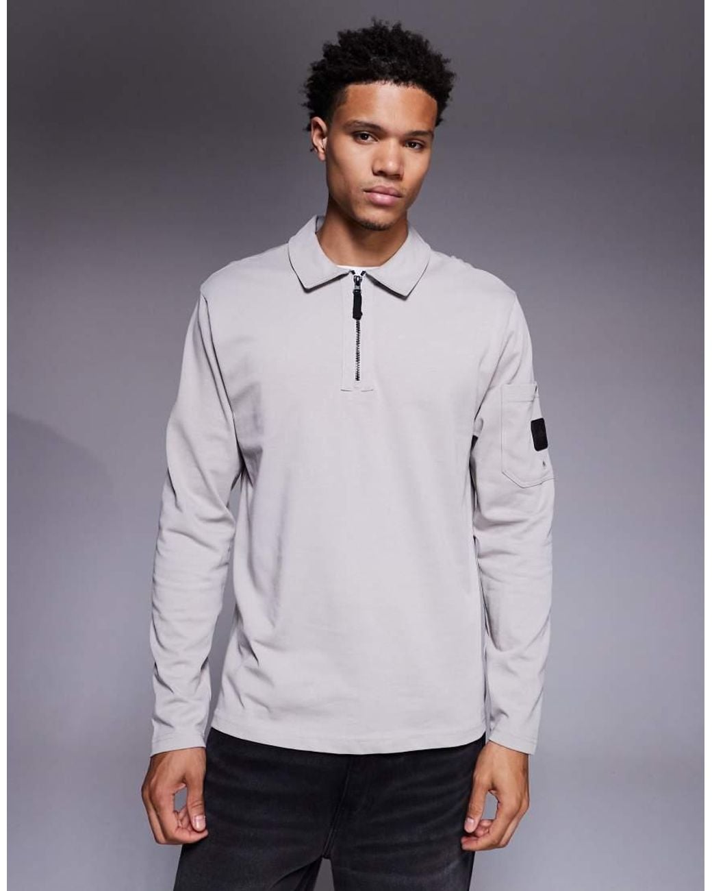 River Island Gray Slim Pocket Zip Polo for men