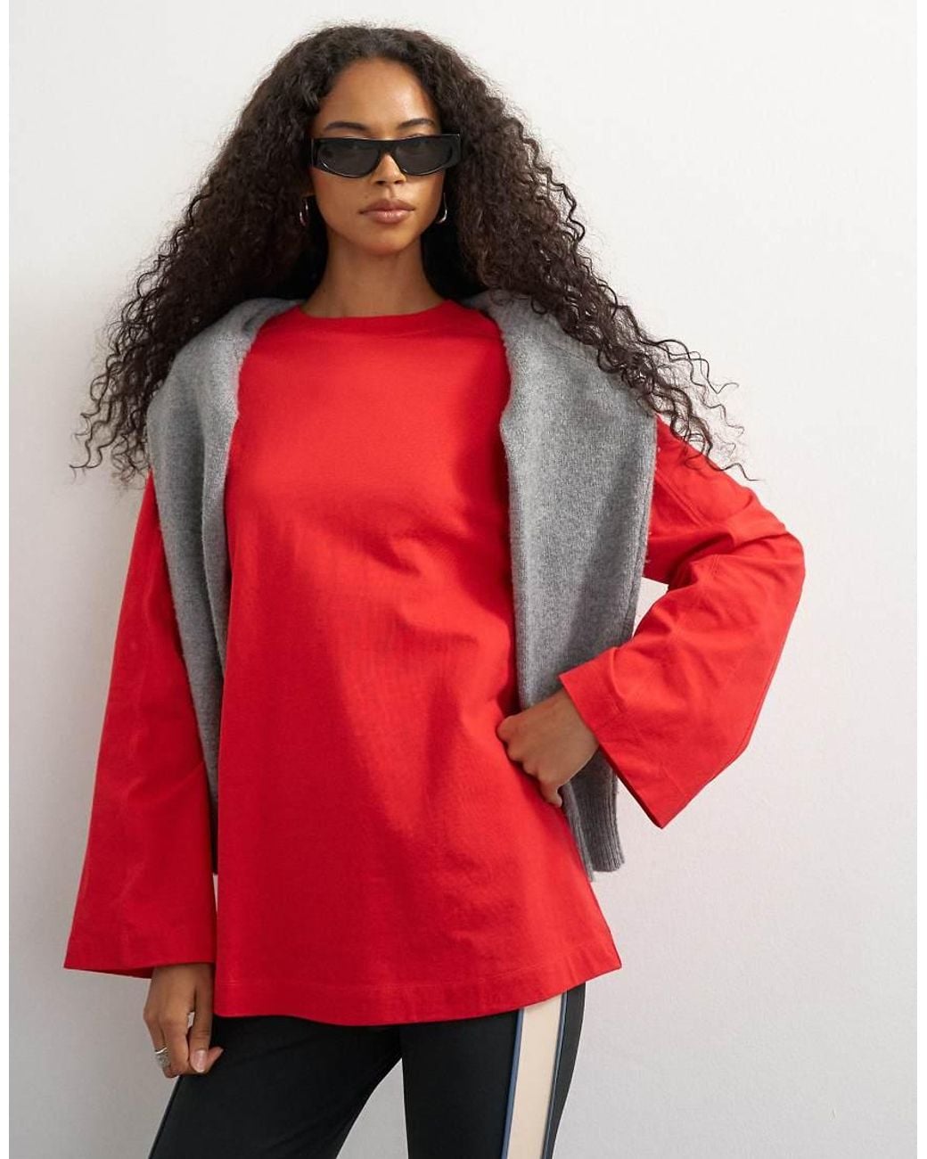 TOPSHOP Red Seamed Detail Long Sleeve Skater Top