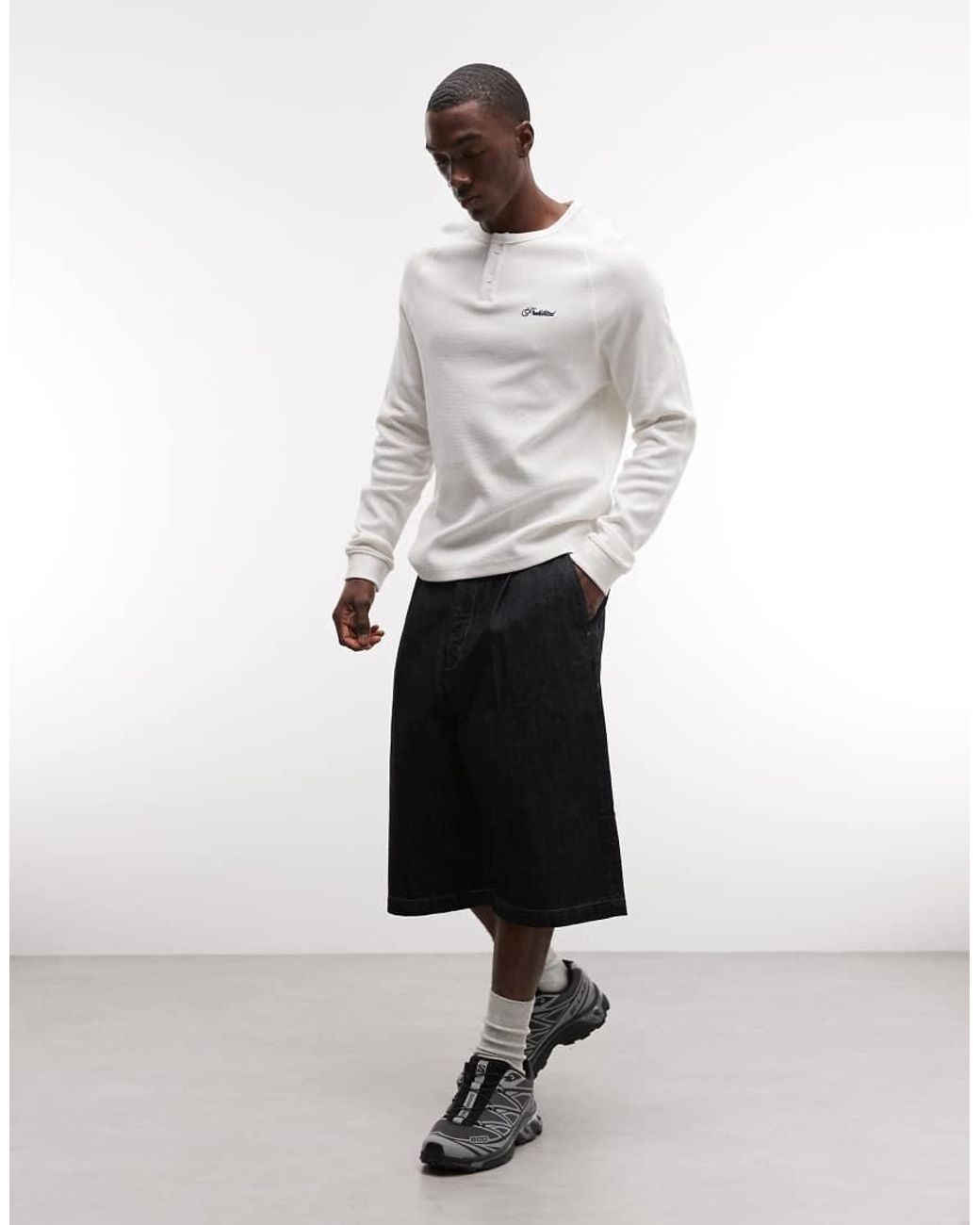 Prohibited White Long Sleeve Henley Neck T-shirt for men