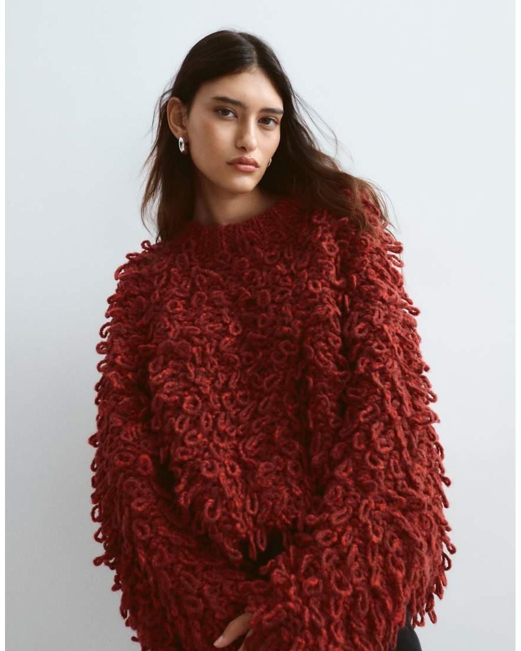 ARRANGE Red Wool Blend Hand Knit Ultimate Loop Fringe Sweater