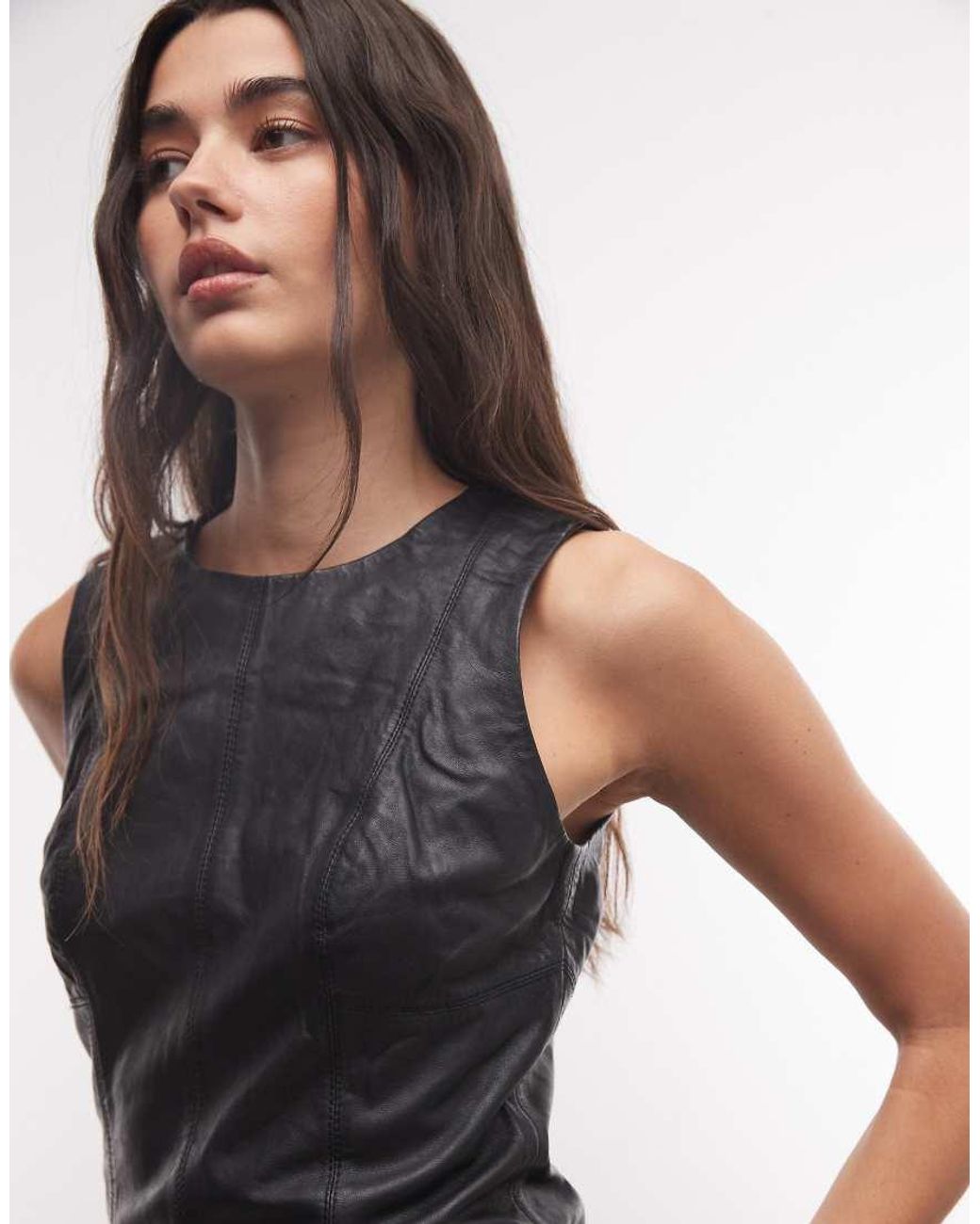 AllSaints Black Vee Sleeveless Fitted Leather Mini Dress