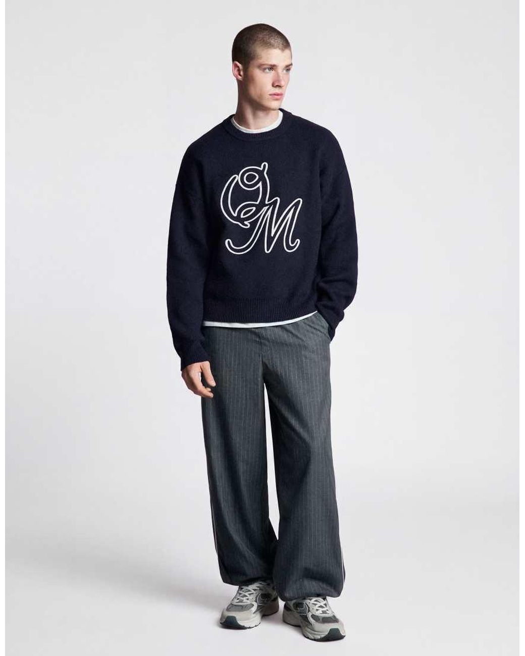 Bershka Blue Embroidered Round Neck Jumper for men