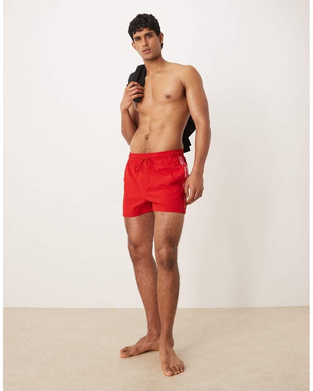 Calvin Klein Red Side Script Logo Drawstring Swim Shorts for men
