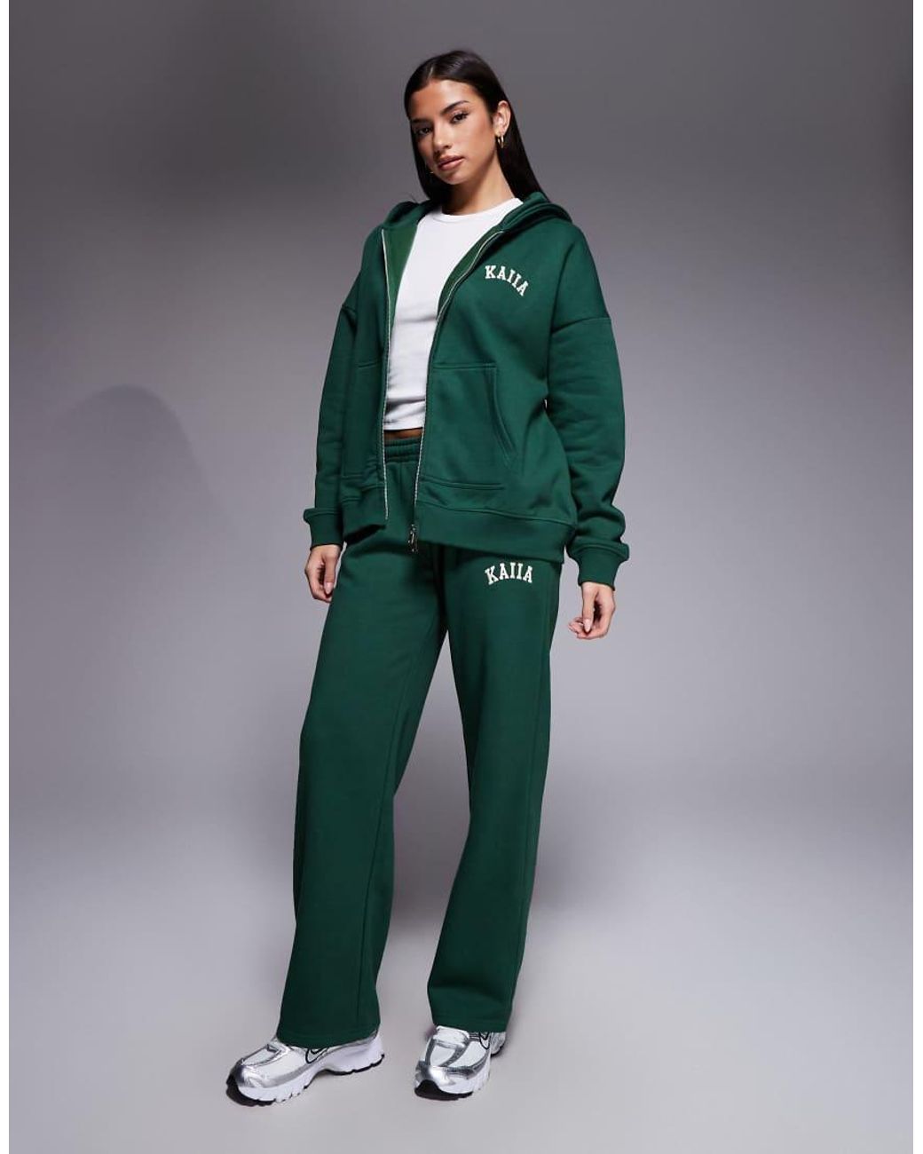 Kaiia Green Cotton-rich Embroidered Logo Zip-through Hoodie