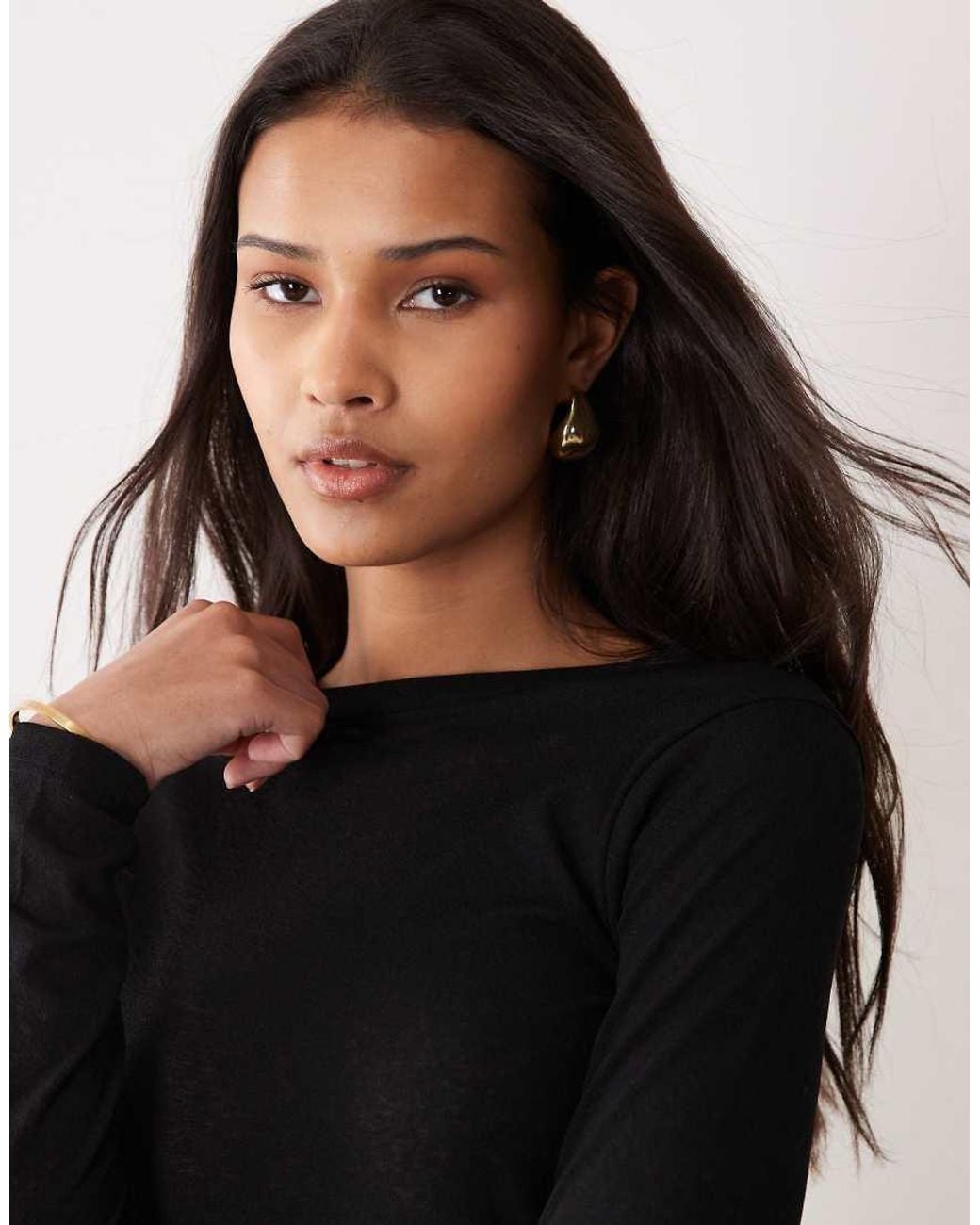 ASOS Black Textured Mesh Long Sleeve Crew Neck Top