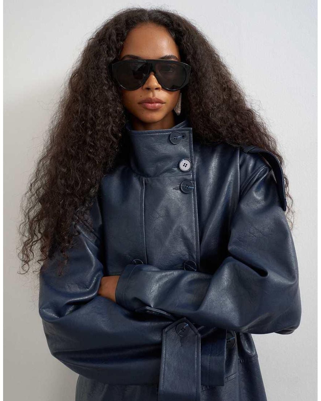 TOPSHOP Blue Faux Leather Longline Cinch Waist Trench Coat