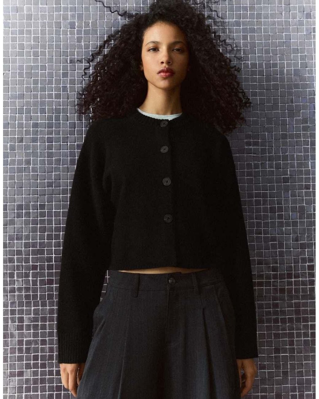 Bershka Black Round Neck Button-up Knit Cardigan