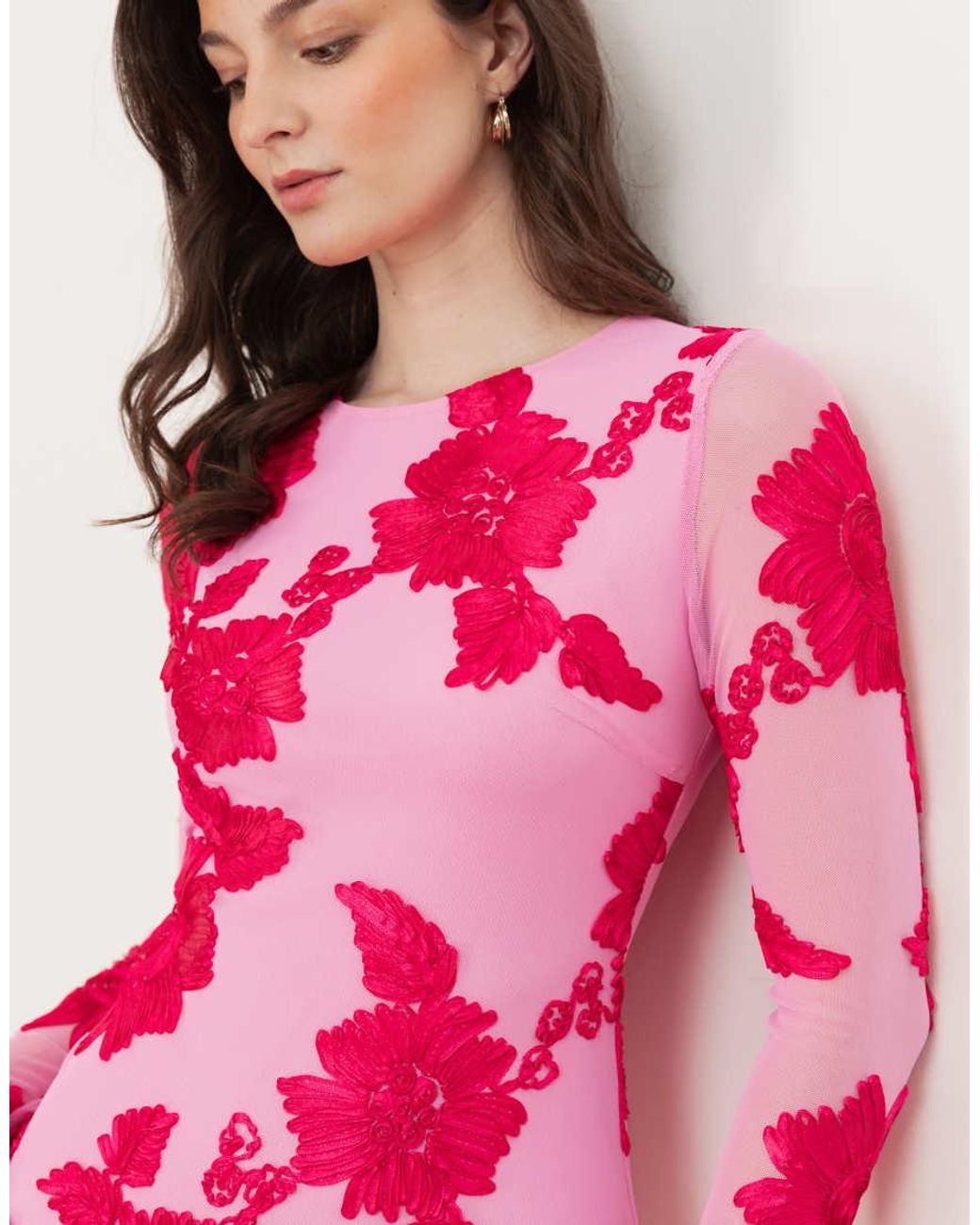 Maya Pink Floral Applique Long Sleeve Mesh Maxi Dress