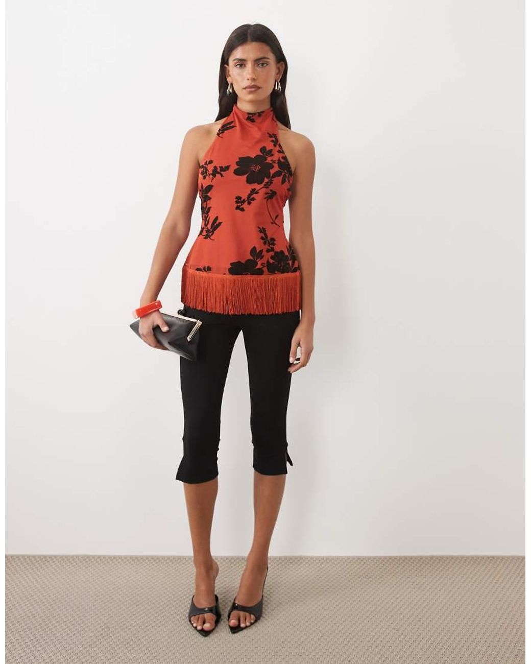 ASOS Red High Neck Halter Fringe Top With Flocked Floral